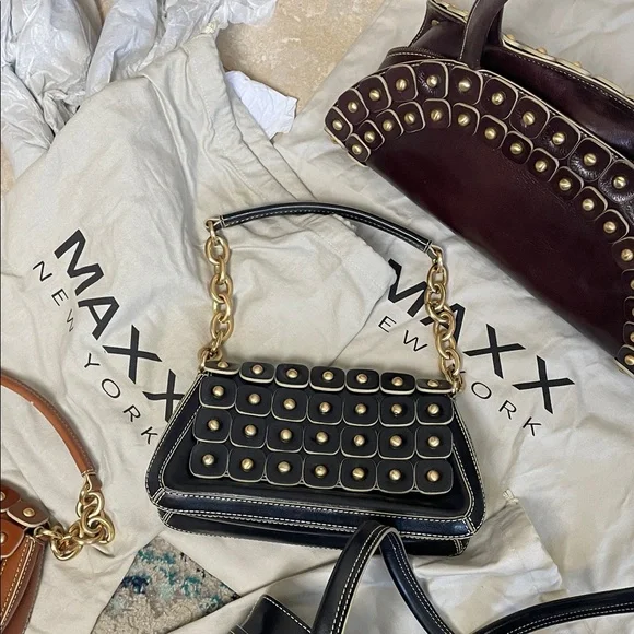 Leather Maxx New York Black and Gold chain Studded Shoulder Bag - Picture 8 of 17